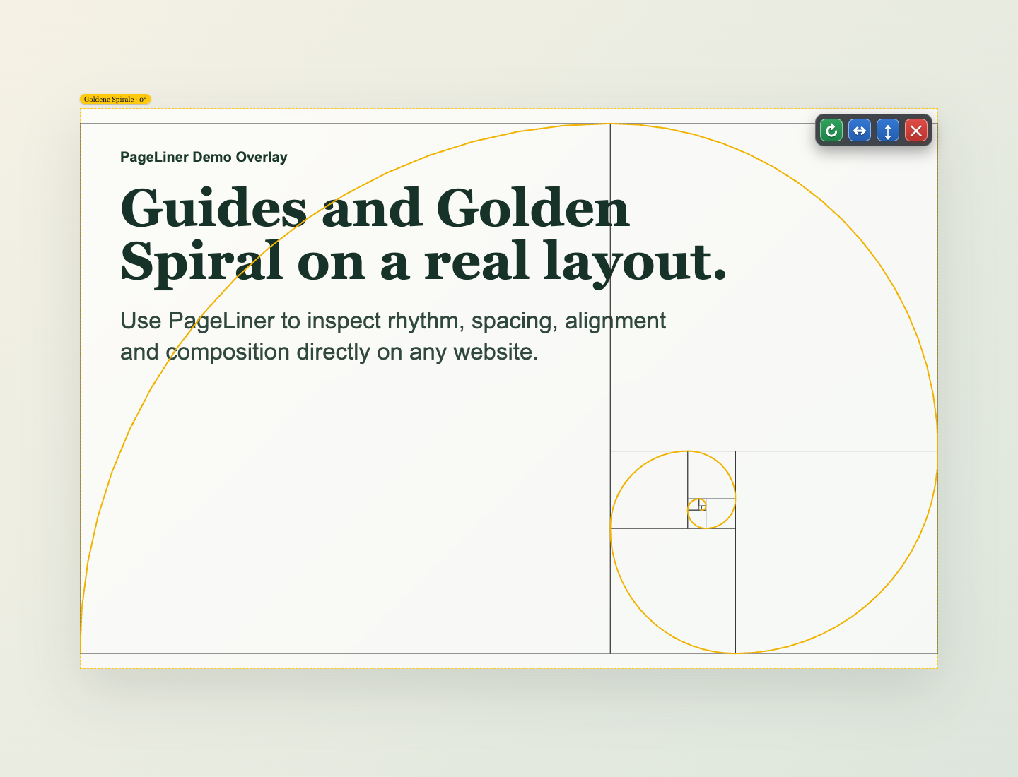 PageLiner overlay demo with golden spiral on a layout